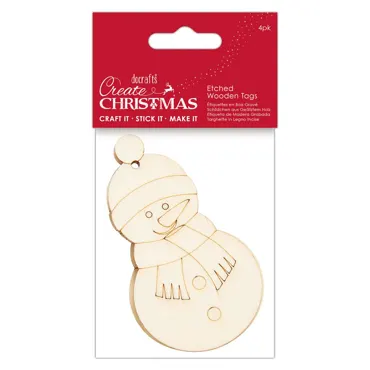 CREATE CHRISTMAS - ETCHED WOODEN TAGS (4PK) - SNOWMAN
