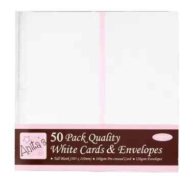 Anita's Tall Cards & Envelopes White (50pk) 105x210mm