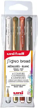 Uni-ball Gel-Tintenroller SIGNO broad, 4er Etui, gold, silber, weiß, bronze
