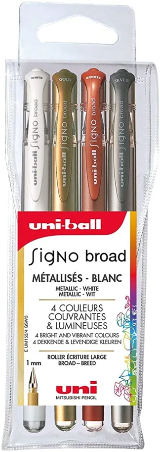 Uni-ball Gel-Tintenroller SIGNO broad, 4er Etui, gold, silber, weiß, bronze