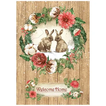 Stamperia A4 Rice Paper Romantic Home for the Holidays Welcome Home Bunnies