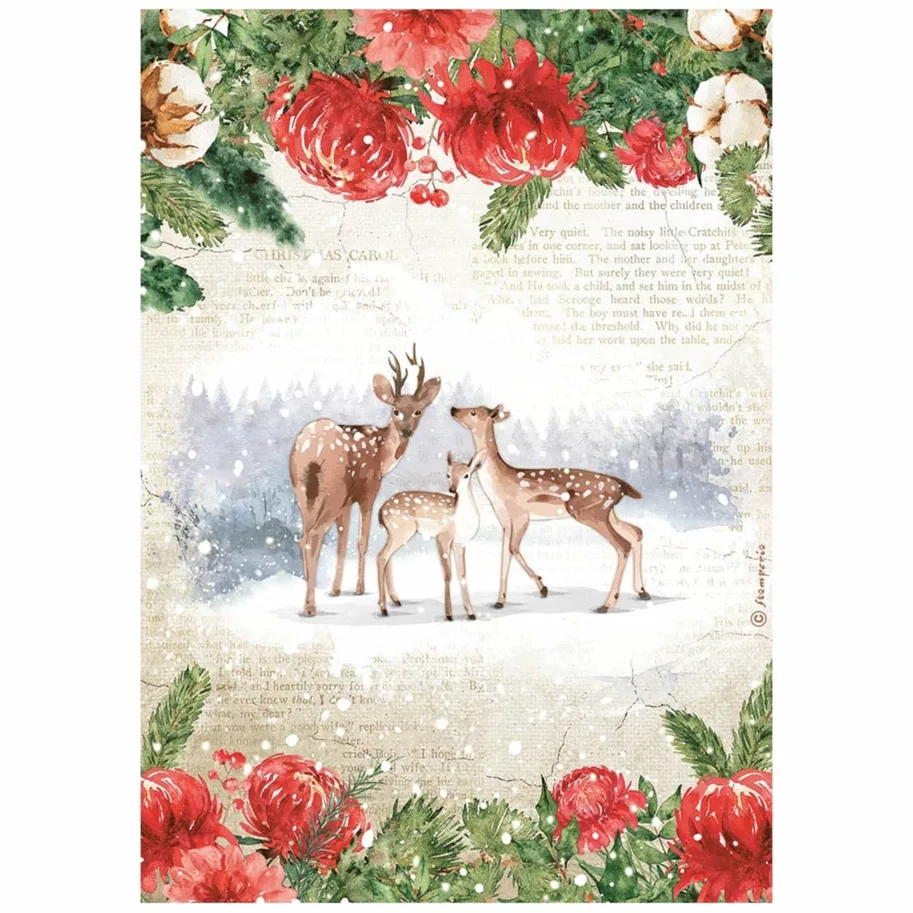 Stamperia A4 Rice Paper Romantic Home for the Holidays Deers 