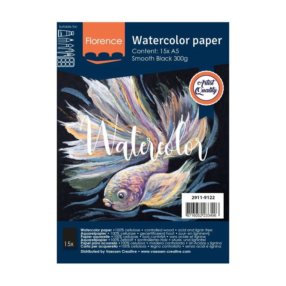 Florence • Aquarellpapier 300g Glatt A5 Schwarz 15x