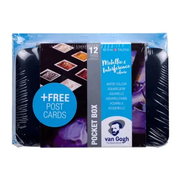 Van Gogh Aquarellfarbkasten Spezialfarben mit 12 Farben in halbe Näpfchen + 10 Postkarten schwarz