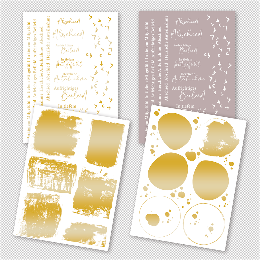 Charlie & Paulchen Rub ons Trauer – Texte & Formen weiß + gold