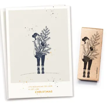 Cats on appletrees Stempel Mädchen mit Tannenbaum