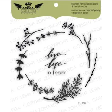Lesia Zgharda Stamps set "Branches wreath with -LIVE LIFE IN COLOR- sentiment"