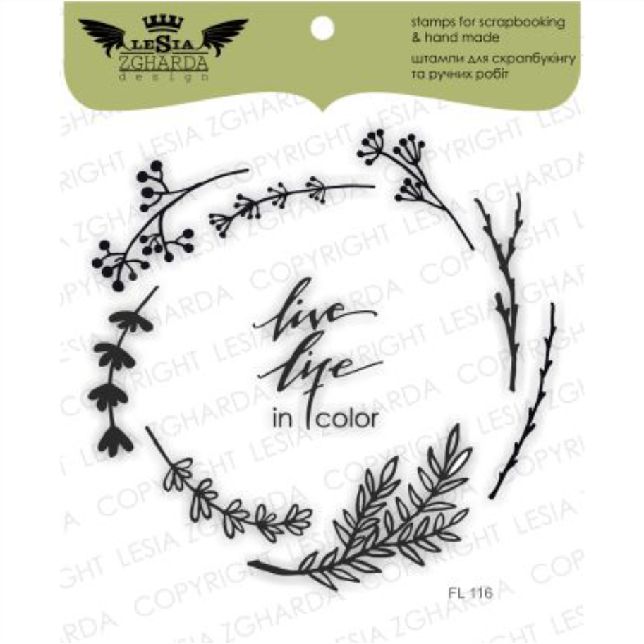 Lesia Zgharda Stamps set "Branches wreath with -LIVE LIFE IN COLOR- sentiment"