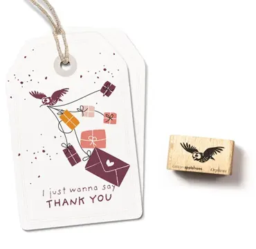 Cats on appletrees Stempel fliegender Waldkauz Orpheus