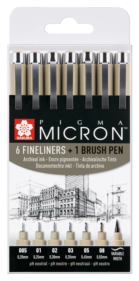 Sakura Pigma Micron, Set mit 6 Finelinern + 1 Pigma Brush